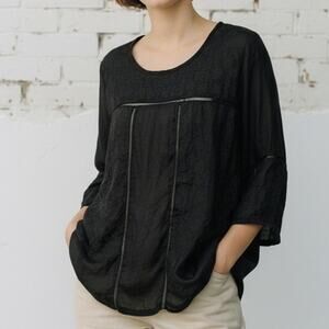 Monoreno Embroidered Top Womens Large Black Semi Sheer Coastal Boho Beachy